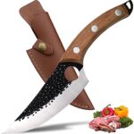 ZQD 6-Zoll Japanisches Messer mit Lederhülle,Geschmiedetes Kochmesser Küchenmesser mit Fingerloch Holzgriff,Scharfes Ausbeinmesser Outdoor Hackmesser für Gemüse und Fleisch  