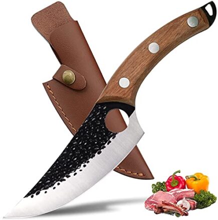 ZQD 6-Zoll Japanisches Messer mit Lederhülle,Geschmiedetes Kochmesser Küchenmesser mit Fingerloch Holzgriff,Scharfes Ausbeinmesser Outdoor Hackmesser für Gemüse und Fleisch  
